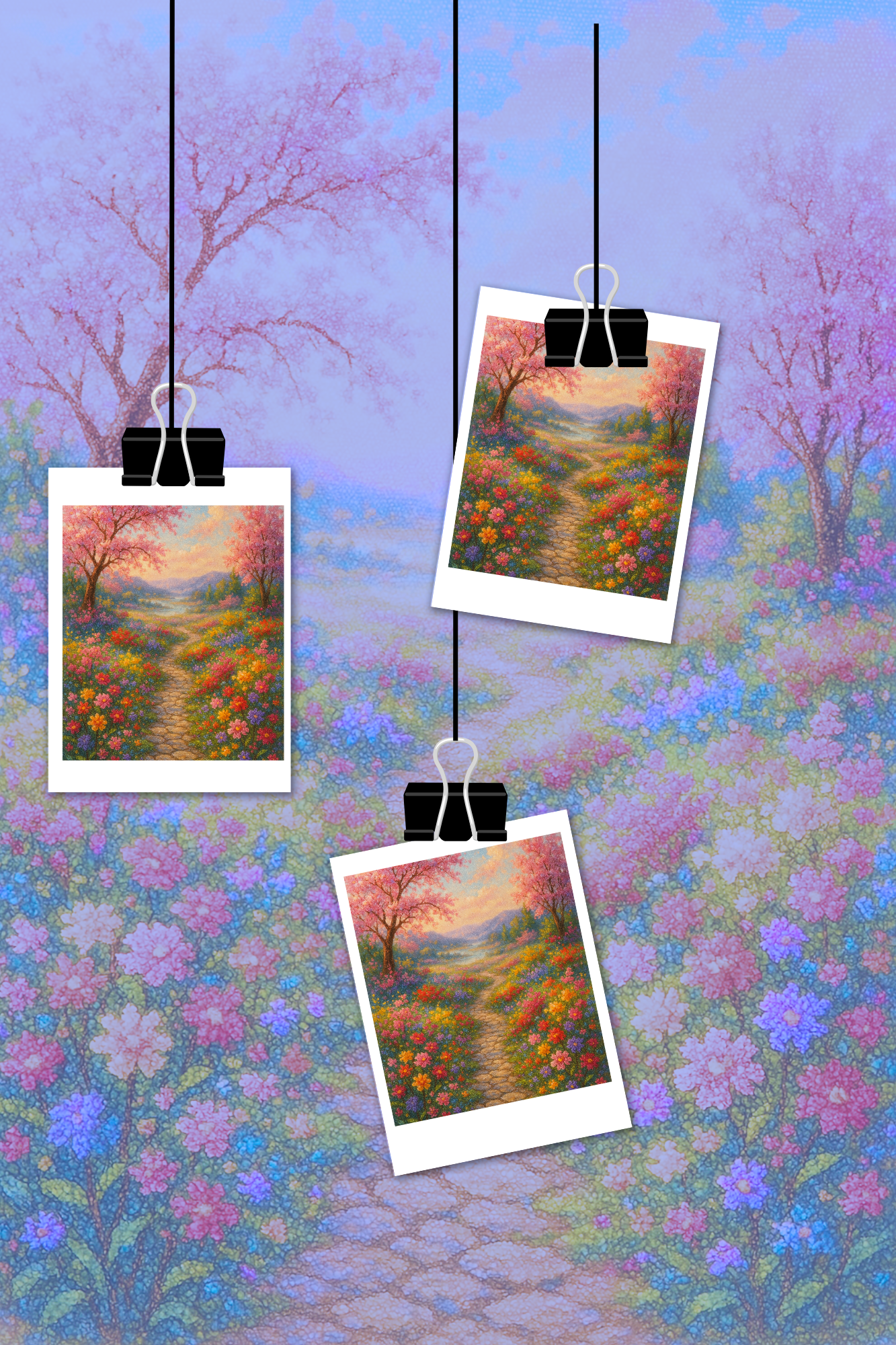 Napsugaras ösvény gyémántkirakó - DIY 5D - 30x40 cm gyémántkirakó | Artshine Napfényes út gyémántkirakó készlet, színes virágokkal és rózsaszín virágzó fákkal egy ösvény mentén. Fotókollázsban