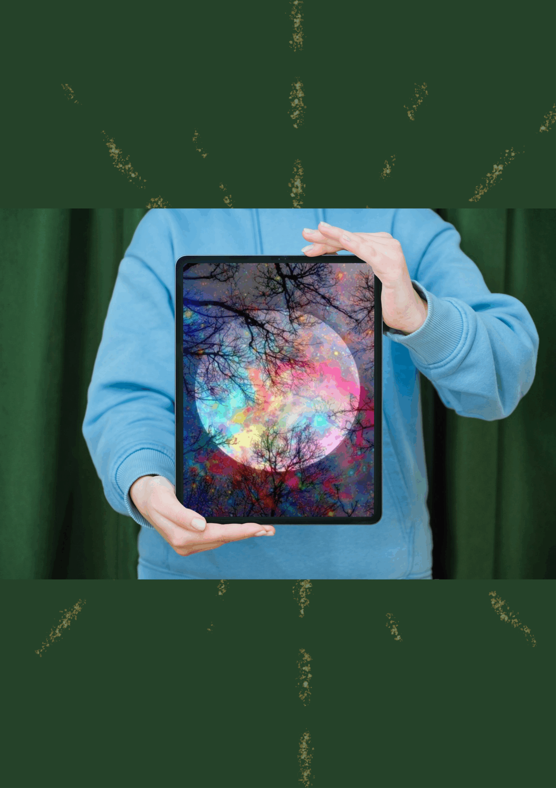 Óriás hold színes fényekkel gyémántkirakó - DIY 5D - 30x40 cm gyémántkirakó | Artshine Óriás hold színes fényekkel gyémántfestőt tart egy férfi